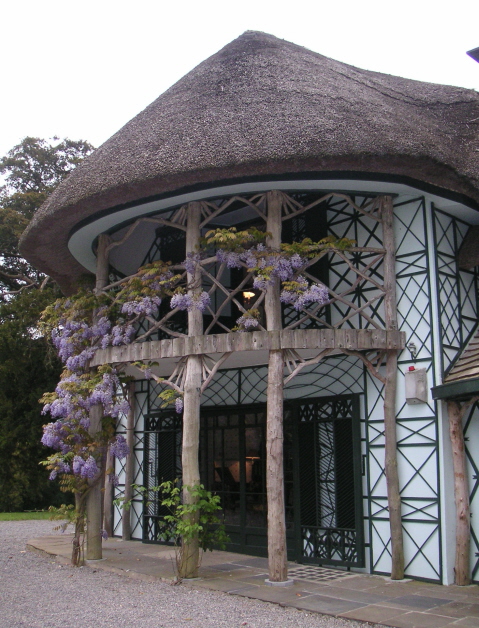 [wisteria and thatch roof]